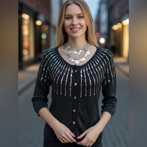 HAROLDS LUXURY BLACK DRESSY CARDIGAN SILVER SEQUINS METALLIC THREAD TOP SZ M